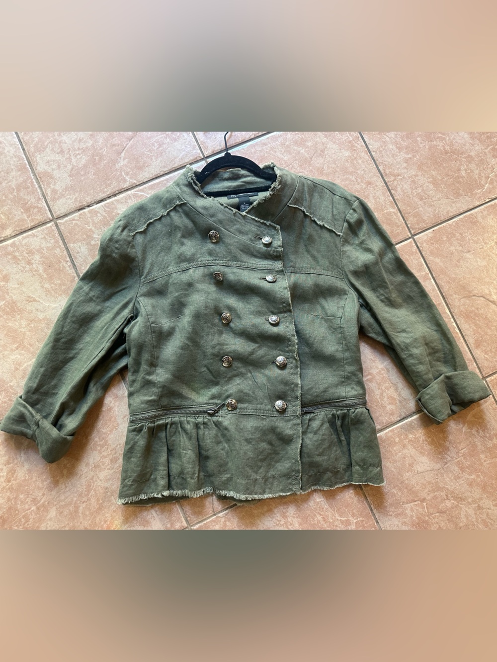 INC International Concepts Olive Linen Jacket with Frayed Trim